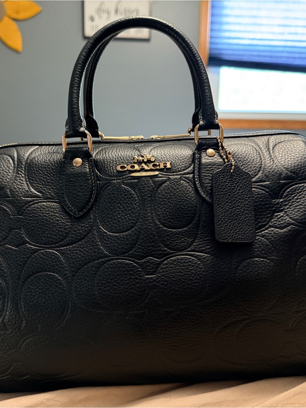 Coach Large Rowan Black Embossed Signature Leather Satchel with Gold Hardware